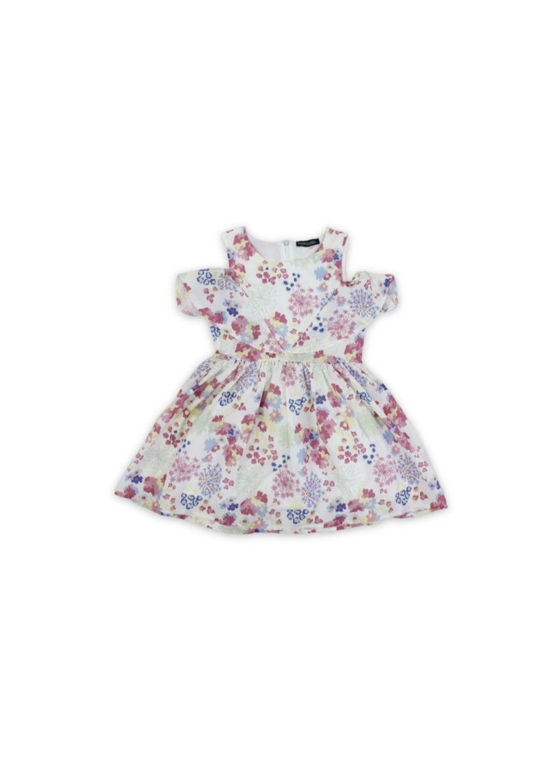 Pompelo Girls Cotton Dress – Off-White with Flowers Print - Image 1