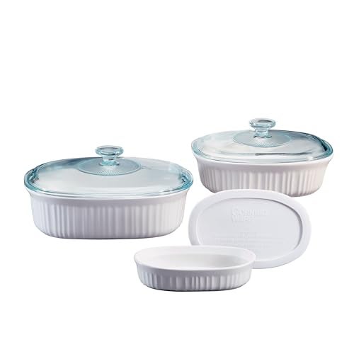 Corningware طقم أواني الخبز السيراميكية من كورنينغ وير مع أغطية مقاومة للكسر والتشقق، صينية خبز من الحجر، آمنة للاستخدام في الميكروويف، غسالة الصحون، الفرن، الفريزر والثلاجة، 6 قطع باللون الأبيض الفرنسي - Image 1