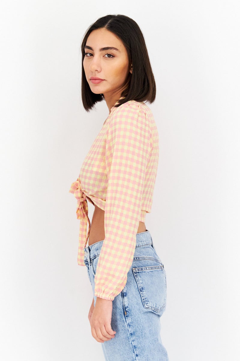 Vila Women V Neck Long Sleeve Gingham Blouse, Pink - Image 2