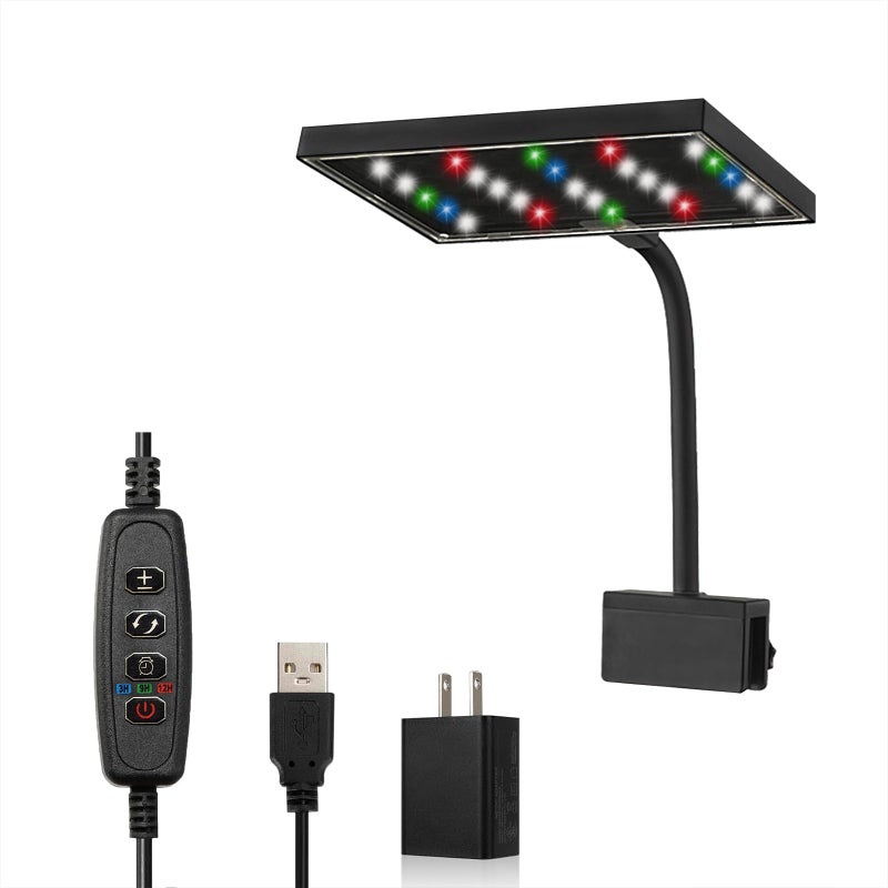 Carefree Fish Aquarium LED Light USB 5V RGBW 5730 Timmer 5~10Gal Fish Tank Clip Light 10 Brightness Levels 8W with USB Port (Include Power Adapter) - Image 1