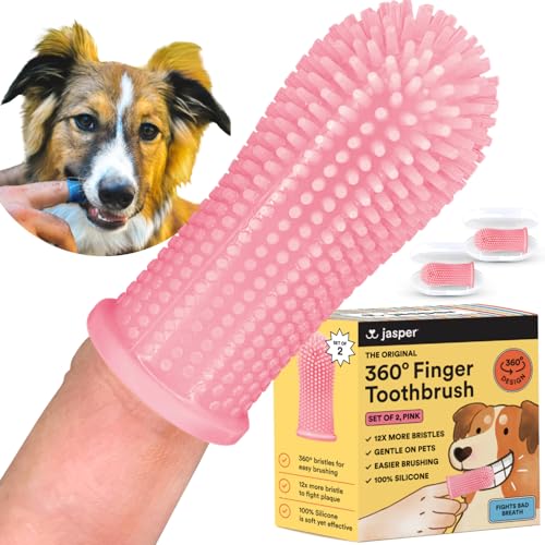 Jasper Dog Toothbrush 360 Dog Tooth Brushing Kit Cat Toothbrush Dog Teeth Cleaning Dog Finger Toothbrush Dog Tooth Brush for Small Large Pets Dog Toothpaste Not Included Pink 2Pack