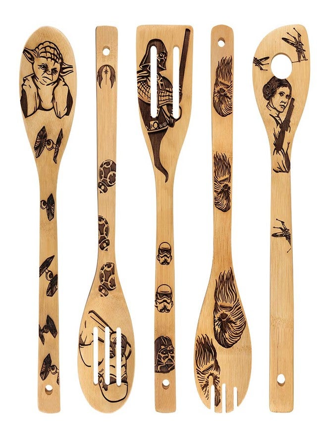 HYGNN Star War Burned Wooden Spoons Utensil Set Gift Idea Cooking Serving Utensils Natural Bamboo Kitchen House Warming Presents Slotted Spoon 5 Piece - Image 1