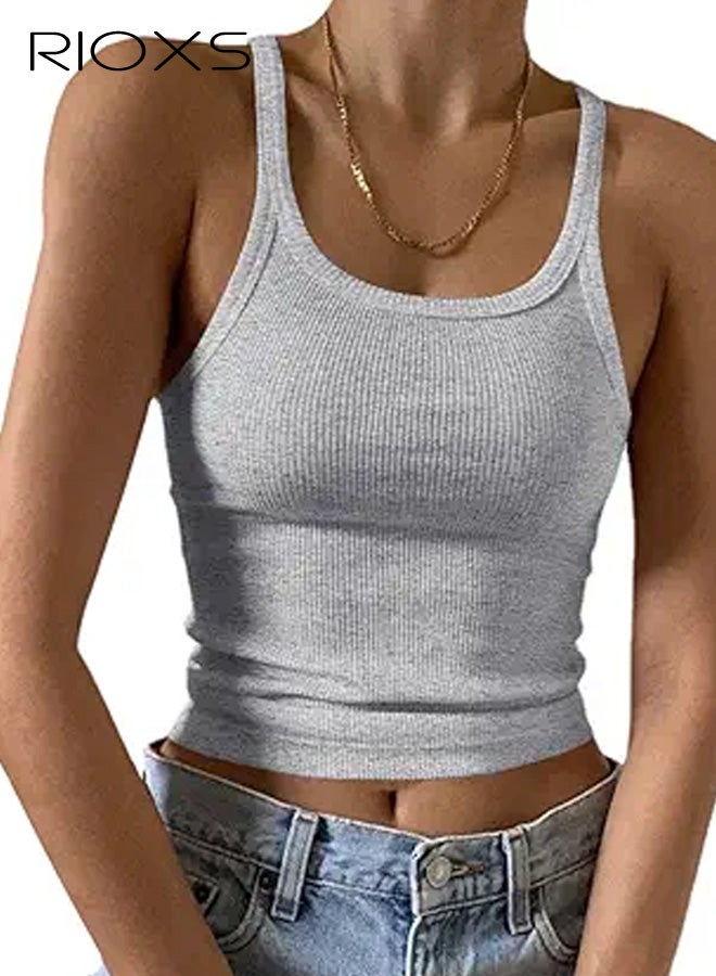 RIOXS Women's Scoop Neck Spaghetti Strap Tank Top, Basic Summer Slim Fitted Ribbed Sleeveless Camisole, Solid Casual Layering Crop Tops for Vacation Yoga Workout, Grey - Image 1