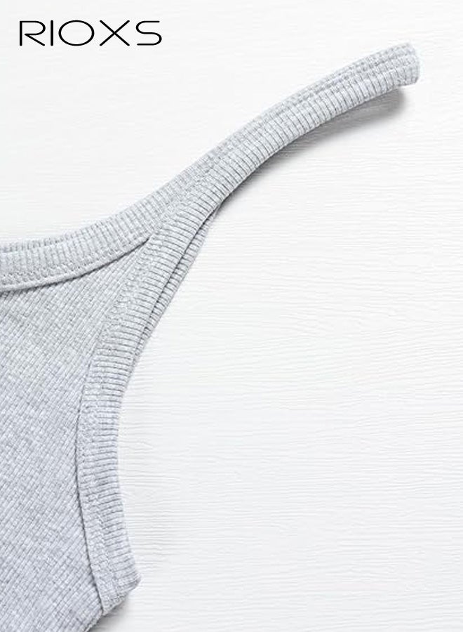RIOXS Women's Scoop Neck Spaghetti Strap Tank Top, Basic Summer Slim Fitted Ribbed Sleeveless Camisole, Solid Casual Layering Crop Tops for Vacation Yoga Workout, Grey - Image 3