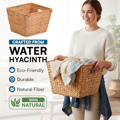 Honey Can Do Honey-Can-Do STO-02884 Tall Square Water Hyacinth Basket Bin, Large, 15 L x 15 W x 12 H,Natural - Image 3
