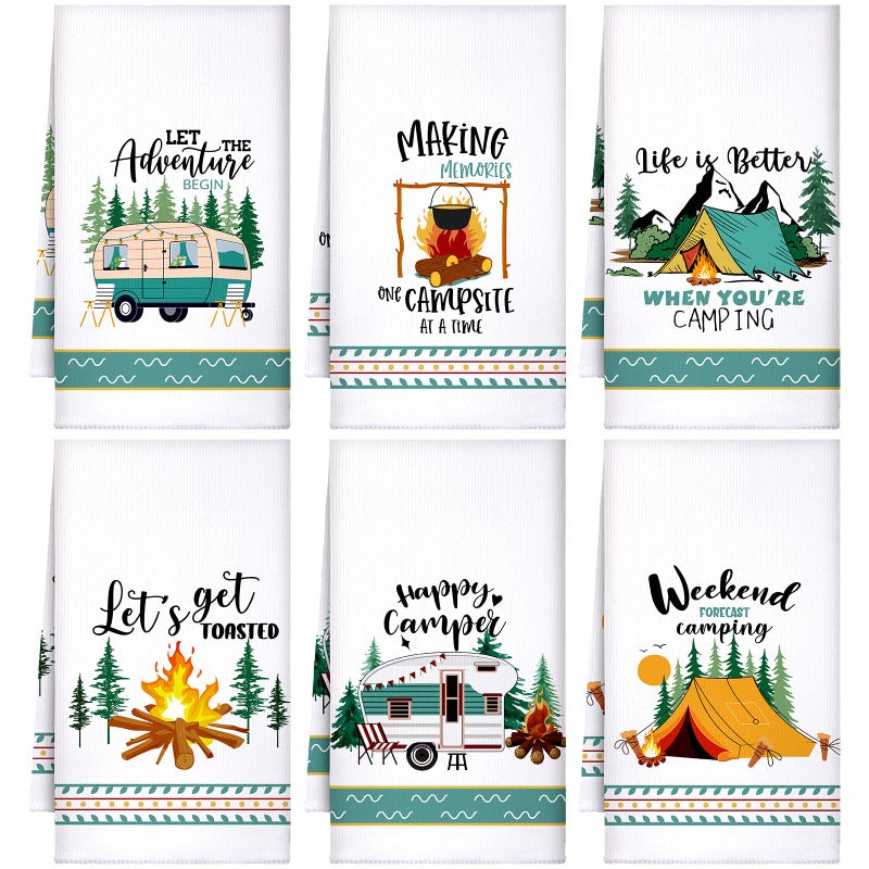 Boyiee Set of 6 Camping Kitchen Towels White Absorbent Dishcloth Bonfire Tent Car Tea Towels 24 x 16 Inches with Funny Sayings Novelty Gifts for Campers Happy Camper Camping Accessories for Rv Campers - Image 1