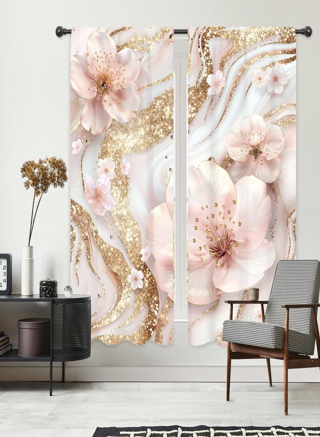 ريديكور ستائر رييديكور باللونين الوردي والأبيض بنقشة رخامية عصرية، مزينة بنقوش زهور الكرز الذهبية المجردة، بتصميم بسيط وأنيق، مع جيب للعمود، مثالية لغرف النوم والمعيشة. مصنوعة من قماش فاخر، قطعتان، مقاس 42 بوصة عرض × 63 بوصة ارتفاع. - Image 5