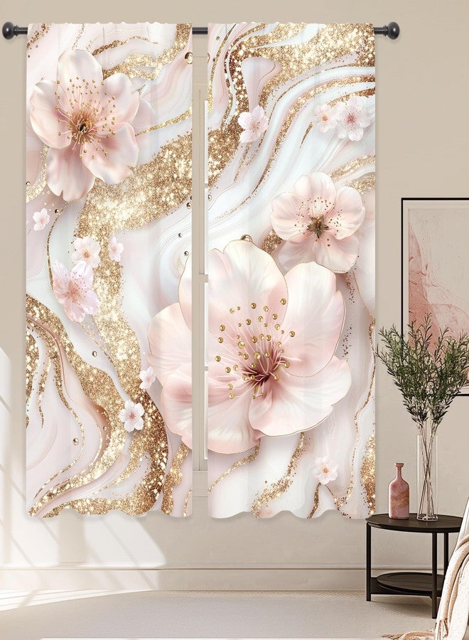 ريديكور ستائر رييديكور باللونين الوردي والأبيض بنقشة رخامية عصرية، مزينة بنقوش زهور الكرز الذهبية المجردة، بتصميم بسيط وأنيق، مع جيب للعمود، مثالية لغرف النوم والمعيشة. مصنوعة من قماش فاخر، قطعتان، مقاس 42 بوصة عرض × 63 بوصة ارتفاع. - Image 3