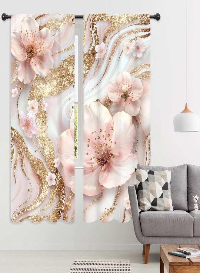 ريديكور ستائر رييديكور باللونين الوردي والأبيض بنقشة رخامية عصرية، مزينة بنقوش زهور الكرز الذهبية المجردة، بتصميم بسيط وأنيق، مع جيب للعمود، مثالية لغرف النوم والمعيشة. مصنوعة من قماش فاخر، قطعتان، مقاس 42 بوصة عرض × 63 بوصة ارتفاع. - Image 4