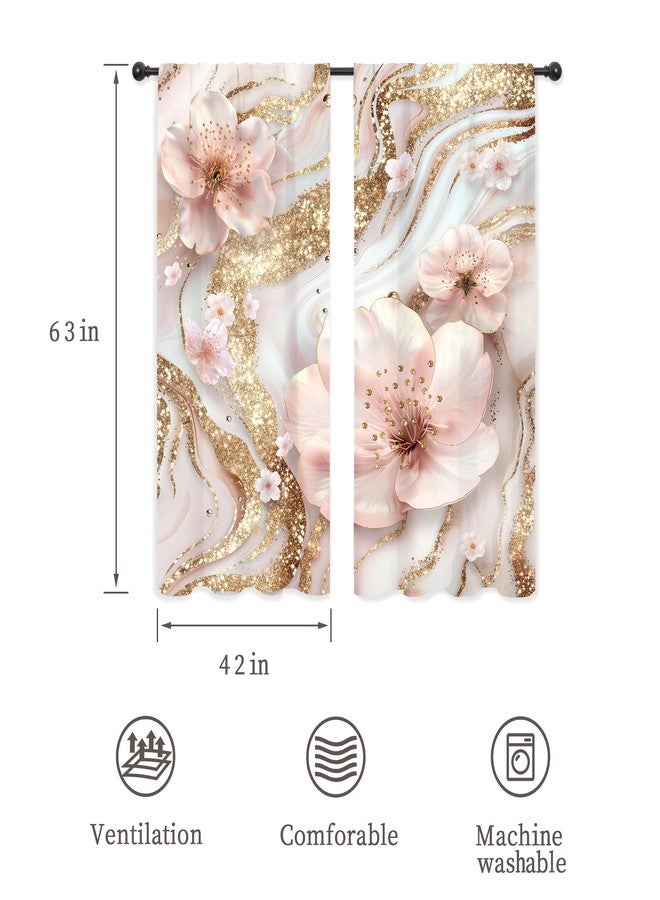 ريديكور ستائر رييديكور باللونين الوردي والأبيض بنقشة رخامية عصرية، مزينة بنقوش زهور الكرز الذهبية المجردة، بتصميم بسيط وأنيق، مع جيب للعمود، مثالية لغرف النوم والمعيشة. مصنوعة من قماش فاخر، قطعتان، مقاس 42 بوصة عرض × 63 بوصة ارتفاع. - Image 2