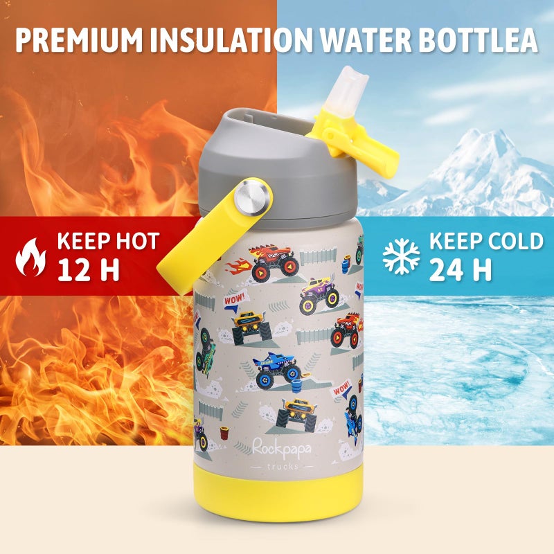 rockpapa 14 oz Kids Insulated Water Bottleï¼ŒStainless Steel Toddler Cups with Straws, BPA Free, Leak-Proof, Kids Water Bottle for School Boys& Girls (Grey Trucks) - Image 3