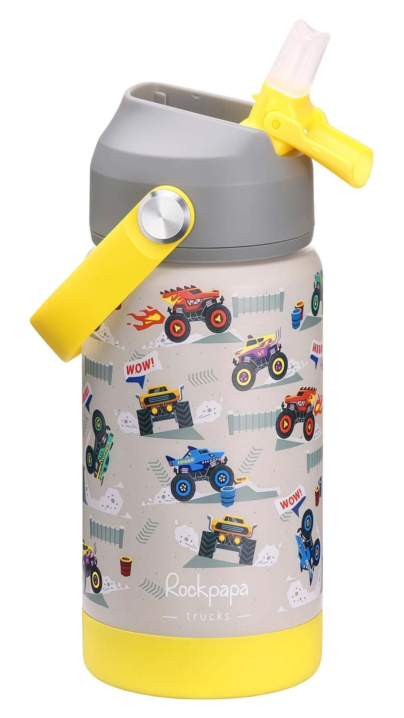 rockpapa 14 oz Kids Insulated Water Bottleï¼ŒStainless Steel Toddler Cups with Straws, BPA Free, Leak-Proof, Kids Water Bottle for School Boys& Girls (Grey Trucks) - Image 1