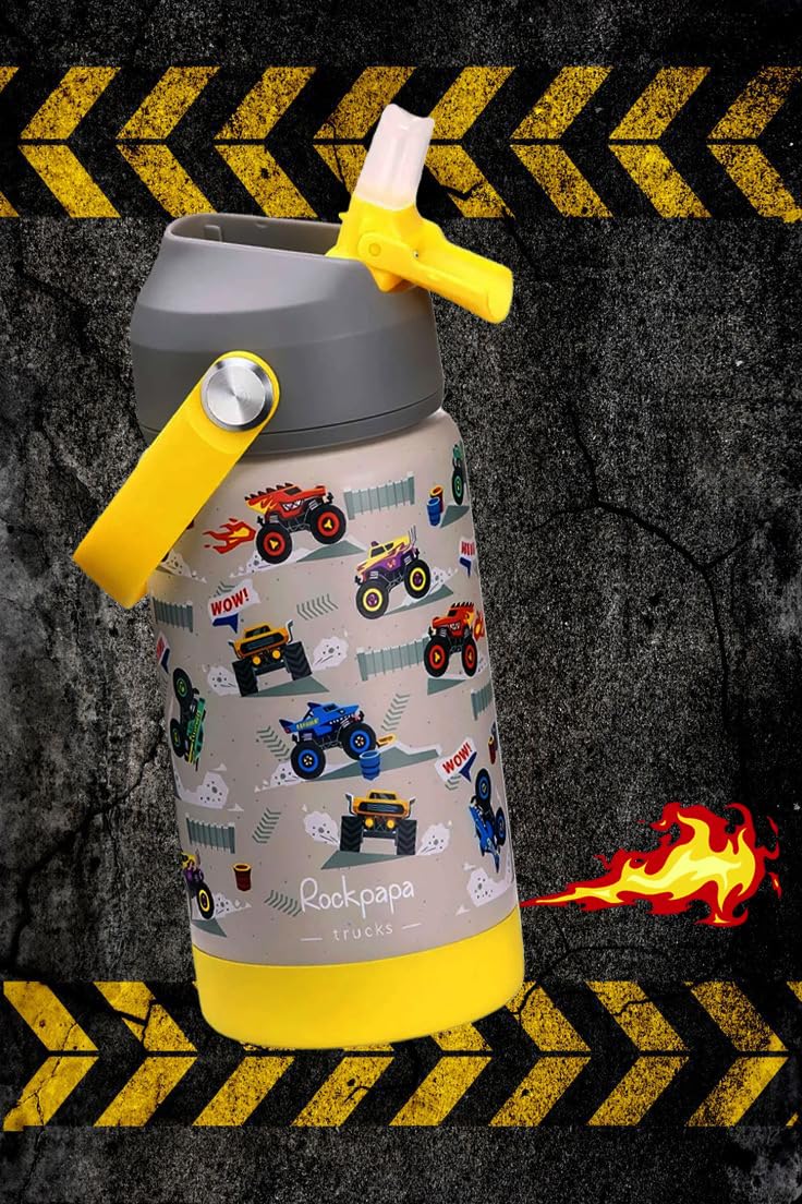 rockpapa 14 oz Kids Insulated Water Bottleï¼ŒStainless Steel Toddler Cups with Straws, BPA Free, Leak-Proof, Kids Water Bottle for School Boys& Girls (Grey Trucks) - Image 2