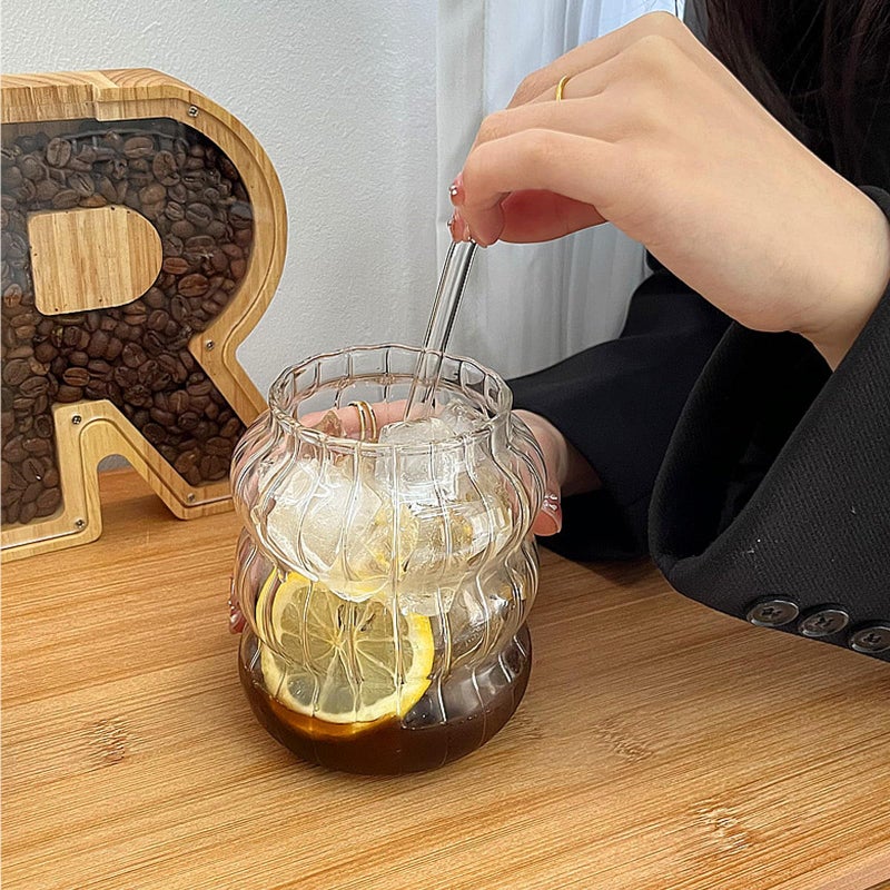 Dxmimer Ribbed Glassware Water Tumbler with Metal Spoon (Big Stripes Mouth) - Image 5
