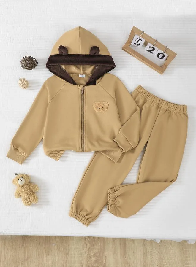 تايك تو Boys Khaki Bear Embroidered Hoodie and Full Length Jogger Set