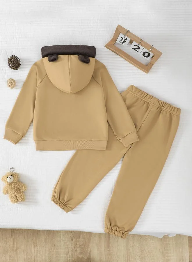 تايك تو Boys Khaki Bear Embroidered Hoodie and Full Length Jogger Set