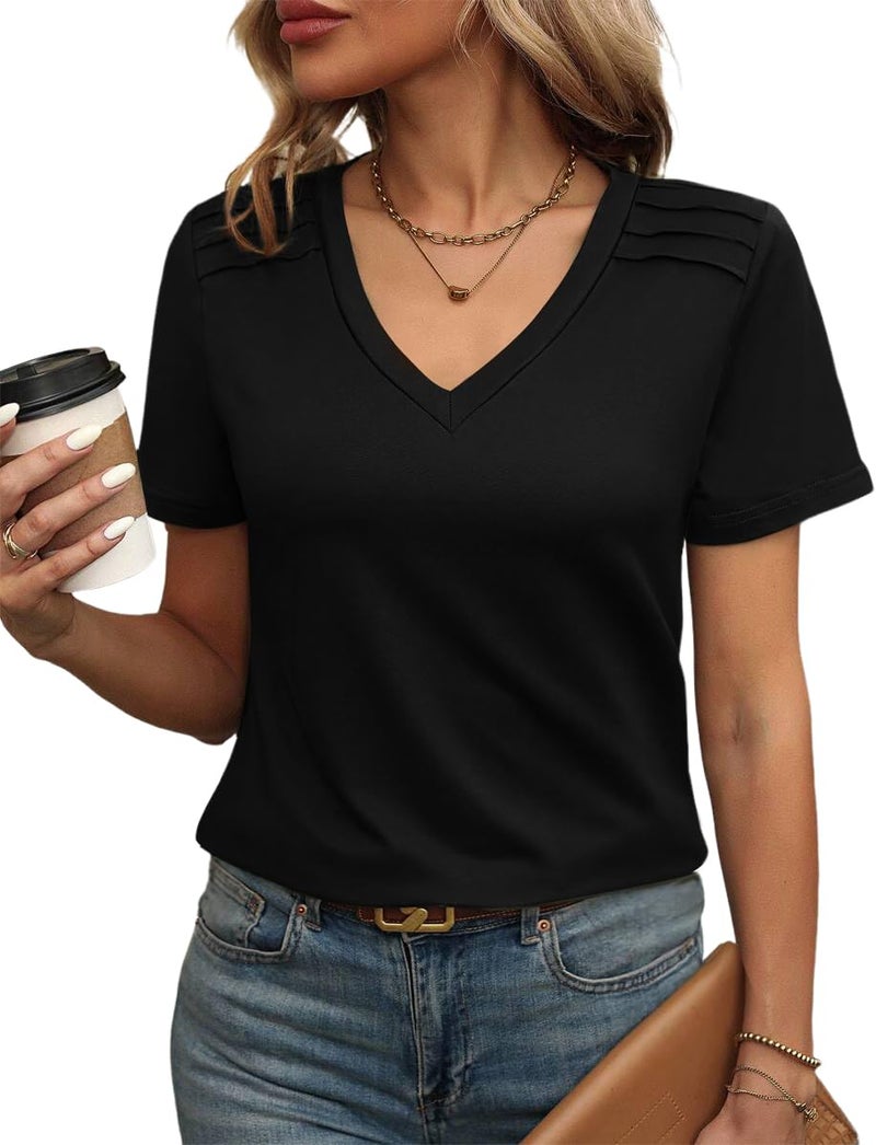 FUNBANG V Neck Short Sleeve T Shirt Casual Pleated Tops Solid Color Basic Tee Loose Fit Blouse Lightweight Shirts Women Spring Summer Beach Vacation Fashion Essentials Clothes Outfits 2026,Black,M - Image 1