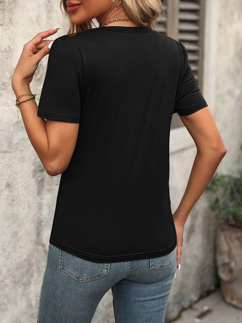 FUNBANG V Neck Short Sleeve T Shirt Casual Pleated Tops Solid Color Basic Tee Loose Fit Blouse Lightweight Shirts Women Spring Summer Beach Vacation Fashion Essentials Clothes Outfits 2026,Black,M - Image 2