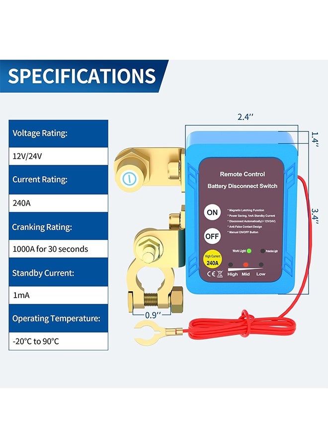 MVAQKLM مفتاح فصل البطارية عن بُعد 12 فولت 240 أمبير، مفتاح إيقاف تشغيل للسيارات والشاحنات والمركبات الترفيهية، مفتاح إيقاف تشغيل السيارة المضاد للسرقة، يمنع استنزاف البطارية، مفتاح إيقاف تشغيل البطارية عن بُعد - Image 2