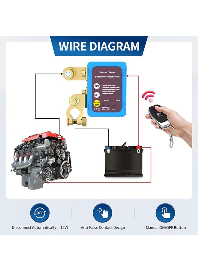 MVAQKLM مفتاح فصل البطارية عن بُعد 12 فولت 240 أمبير، مفتاح إيقاف تشغيل للسيارات والشاحنات والمركبات الترفيهية، مفتاح إيقاف تشغيل السيارة المضاد للسرقة، يمنع استنزاف البطارية، مفتاح إيقاف تشغيل البطارية عن بُعد - Image 5