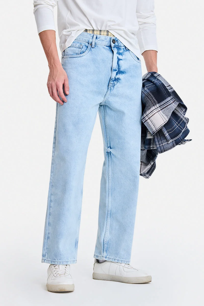 سنيتش Light Blue Solid Loose Fit Streetwear Jeans