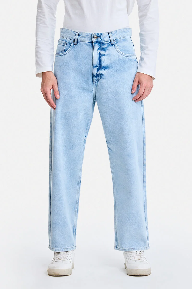 SNITCH Light Blue Light Blue Solid Loose Fit Streetwear Jeans for Men | Best Price UAE