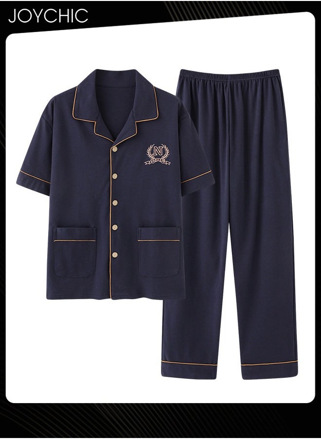 Joychic - 2-piece Leisure Spring Summer Autumn Men's Pajamas Set Pure Cotton Skin-friendly Short-sleeved Trousers Loose Youth Home Nightwear Breathable Cardigan Suit Dark Blue - Image 1