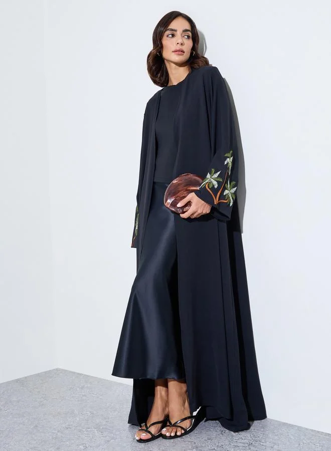 Amirah front open abaya with embroidery on sleeve