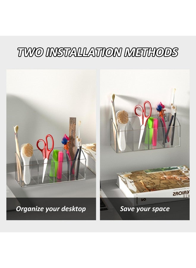 Hexsonhoma Acrylic Pen Holder Organizer 4 Compartments, Clear Pen Organizer Makeup Brush Holder, No Drill Wall Mounting Pencil Holder Office Accessories Organizer - Image 3