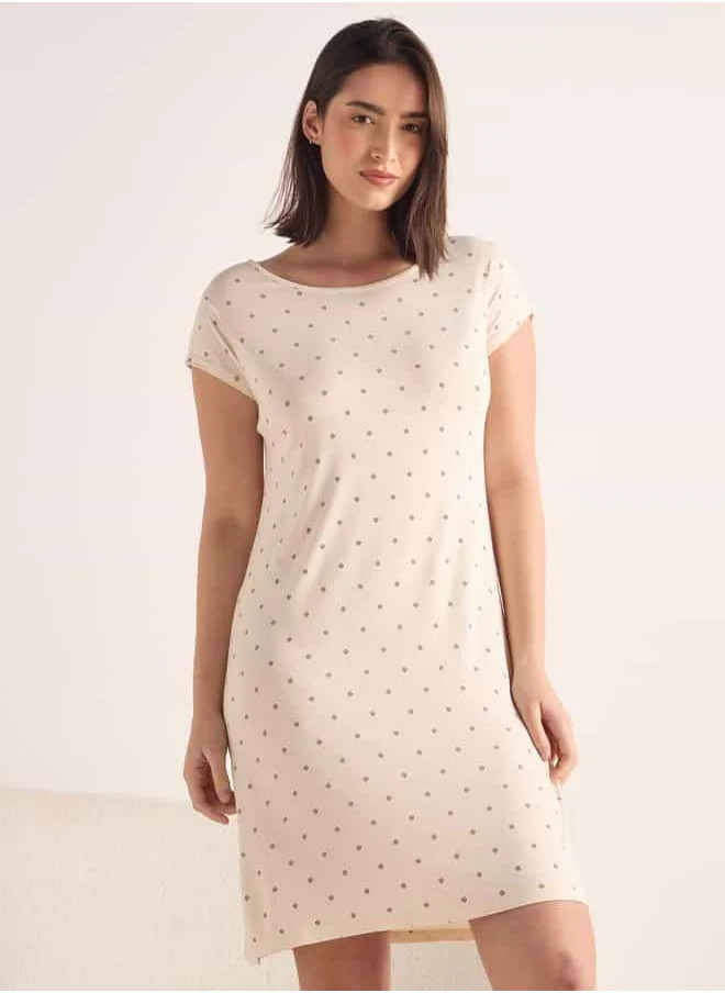 FAV Printed Night Dress with Round Neck and Short Sleeves