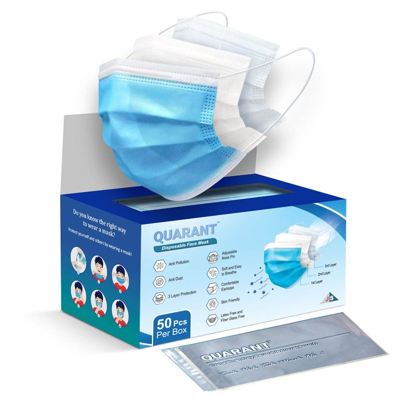 QUARANT Melt Blown - SMMS Fabric 3 Ply Disposable Face Mask with Nose Clip and Reusable Travel Pouch (Blue, Pack of 50) for Unisex - Image 1