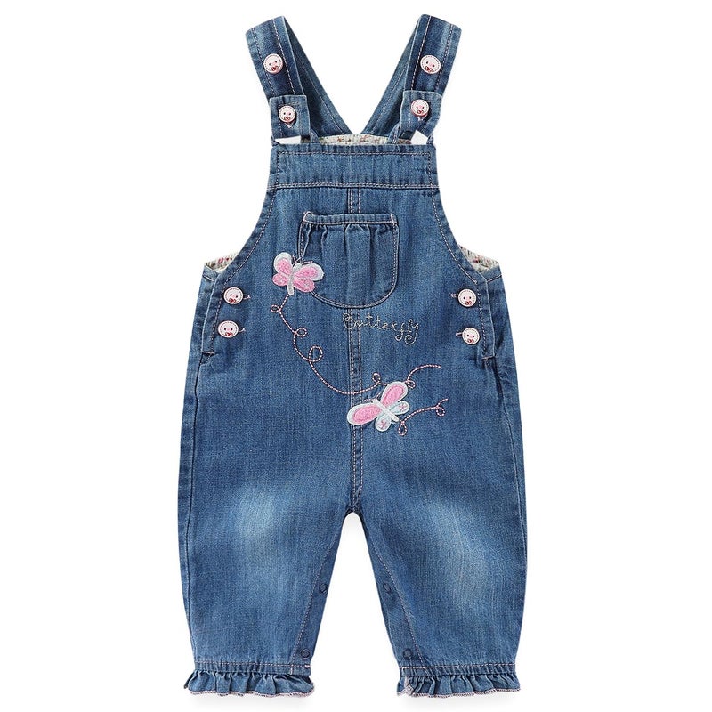 Peacolate 3Months-3Years Baby Girls Denim Overalls Embroidery Butterfly Bib Pants Jeans Jumpsuit(9-12Month,Butterfly) - Image 1