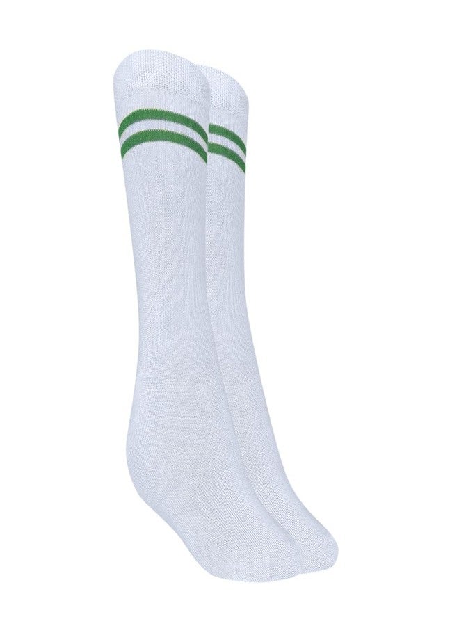 MUKHAKSH (Pack of 1 Pair Girls Kids White Socks with Green Stripes Border Lining White with Green Stripes Calf Length School Uniform School Dress Socks, 15-16 Years