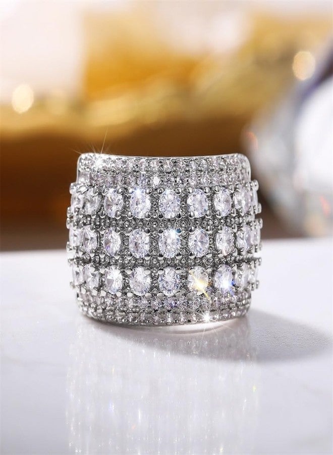 AZQ 925 Sterling Silver Shiny Full Diamond Gemstone Ring 18K Oval Cut Cubic Zirconia Promise Cocktail Rings CZ Diamond Multi Row Ring Eternity Engagement Wedding Band Ring for Women Z.87 (US Code 7) - Image 3