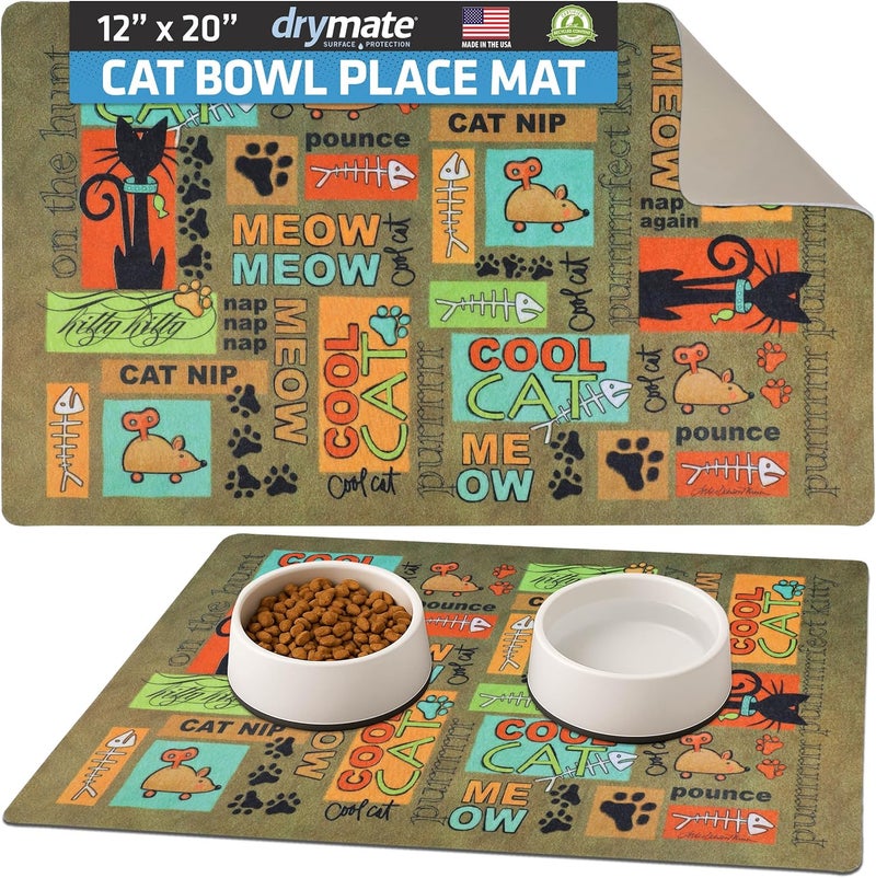 Dry Mate Cat Bowl Placemat, Pet Food Feeding Mat - Absorbent Fabric, Waterproof Backing, Slip-Resistant - Machine Washable/Durable (USA Made) (12” x 20”) (Cool Cat Brown) - Image 1