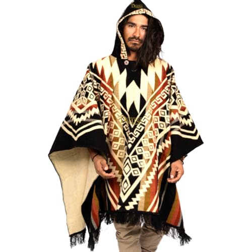 DAVLINA, ALPACA Wool Poncho Hooded and, Aztec Pattern, Unique and handmade in Ecuador. Thick, Warm and Soft Wool Poncho - Image 3