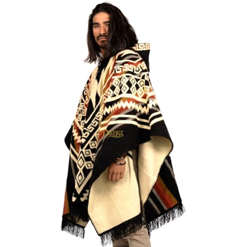 DAVLINA, ALPACA Wool Poncho Hooded and, Aztec Pattern, Unique and handmade in Ecuador. Thick, Warm and Soft Wool Poncho - Image 4