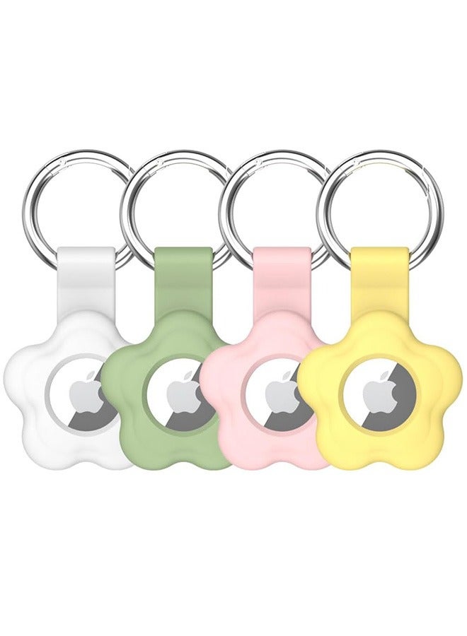 4Pcs Holder Case for AirTag Tracker with Keychain Flower Silicone Protective Cover with Loop Key Ring for Kids Pets Wallet Backpacks Luggage White Green Pink Yellow  - Image 1