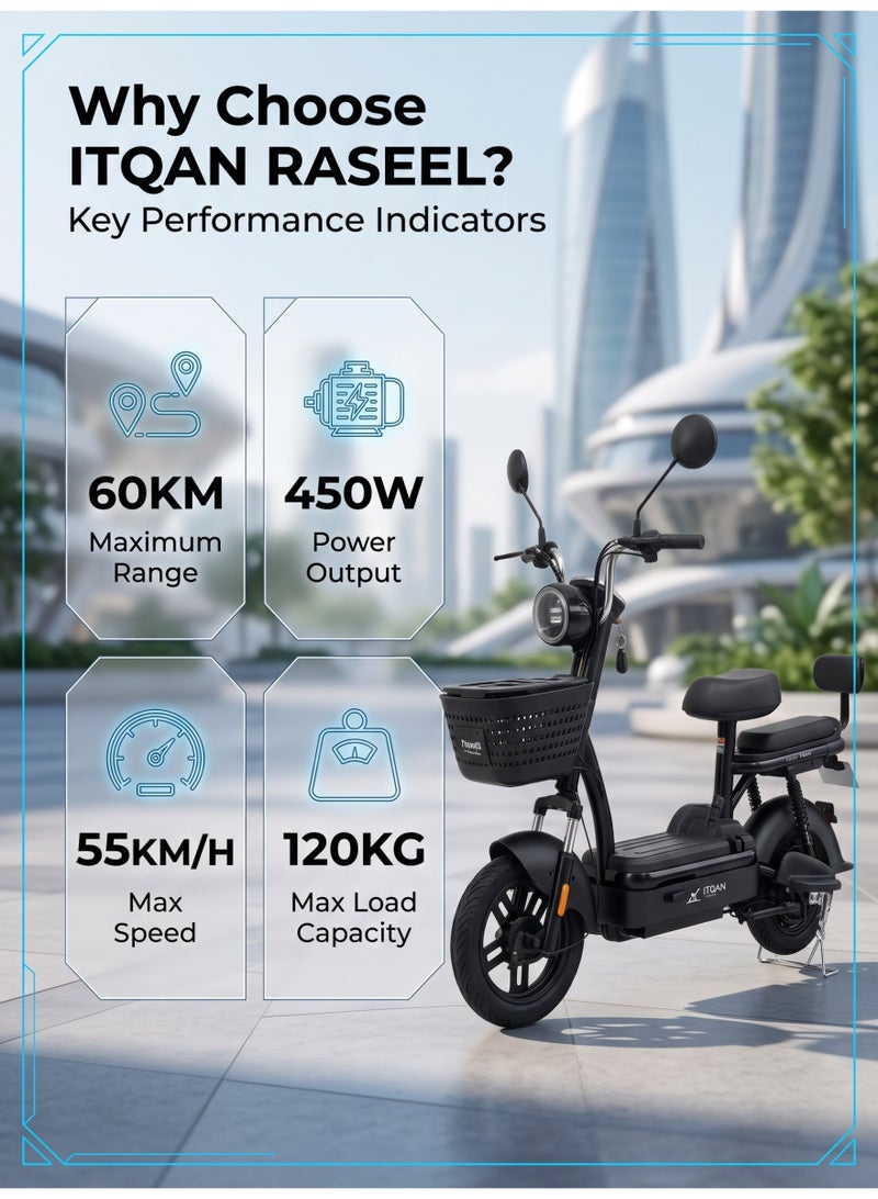 ITQAN RASEEL E scooter、E Bike, Matte Black 450W Motor 60km Long Range Anti-Rust Carbon Steel Frame Two Seater E Scooter Bike Minimalist Compact Urban Style for Saudi  Family Grocery Shopping - Image 3
