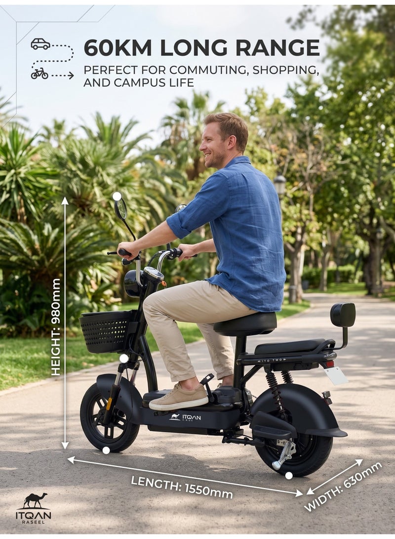ITQAN RASEEL E scooter、E Bike, Matte Black 450W Motor 60km Long Range Anti-Rust Carbon Steel Frame Two Seater E Scooter Bike Minimalist Compact Urban Style for Saudi  Family Grocery Shopping - Image 4