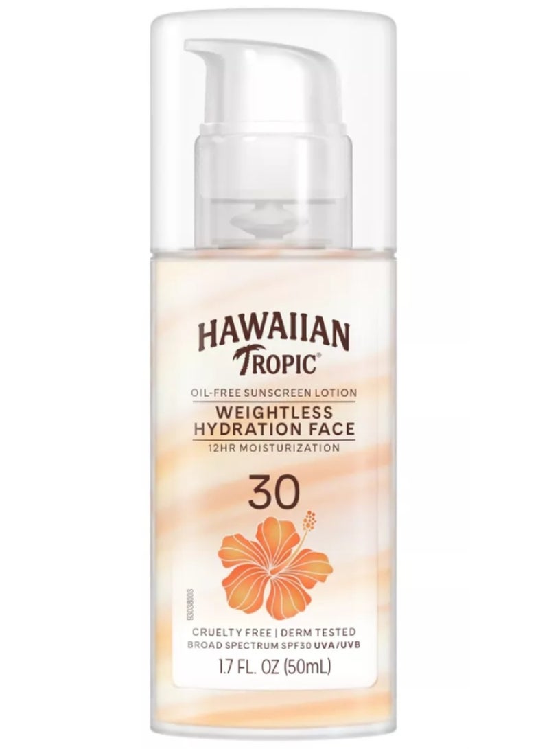 Hawaiian Tropic Weightless Hydration Non-greasy Sunscreen Face Lotion, SPF30, Water Resistant - 50 ml