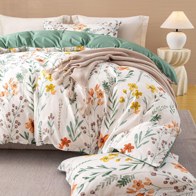 OAITE Duvet Cover Set Queen Size Floral Pattern Ultra Soft 100% Cotton Duvet Cover Sets 3-PC, Breathable Duvet Cover with Zipper Closure & Corner Ties(2 Pillow Shams,1 Duvet Cover) - Image 1