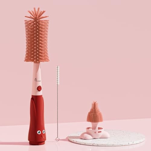 R for Rabbit Hygo Care Bunny 3-in-1 Cleaning Brushes for Baby Bottles, Straw & Nipple, BPA-Free Soft Silicone Bristles, Easy to Clean Bottles Corner, Hidden Storage & Adorable Design Cleaner (Red) - Image 1