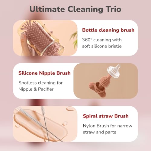 R for Rabbit Hygo Care Bunny 3-in-1 Cleaning Brushes for Baby Bottles, Straw & Nipple, BPA-Free Soft Silicone Bristles, Easy to Clean Bottles Corner, Hidden Storage & Adorable Design Cleaner (Red) - Image 3