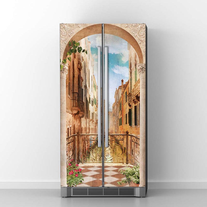 Alwayspon Vintage Art Self Stick Vinyl Door Mural Sticker Peel and Stick Removable Refrigerator Wrap Decal Venice Balcony 323x787 2 Pcs Set - Image 2