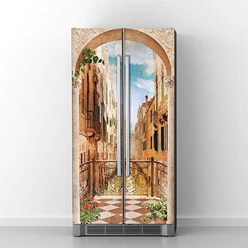 Alwayspon Vintage Art Self Stick Vinyl Door Mural Sticker Peel and Stick Removable Refrigerator Wrap Decal Venice Balcony 323x787 2 Pcs Set - Image 1