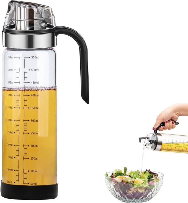black sparrow Auto Open Cover Glass Oil and Vinegar Cruet Condiment Container with Ergonomic Non Slip Handle Nondrip Spout Clear Glass Oil Dispenser with Automatic Cap and Stopper 1 Pcs 550 ML - Image 1