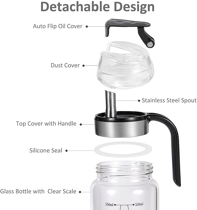 black sparrow Auto Open Cover Glass Oil and Vinegar Cruet Condiment Container with Ergonomic Non Slip Handle Nondrip Spout Clear Glass Oil Dispenser with Automatic Cap and Stopper 1 Pcs 550 ML - Image 3