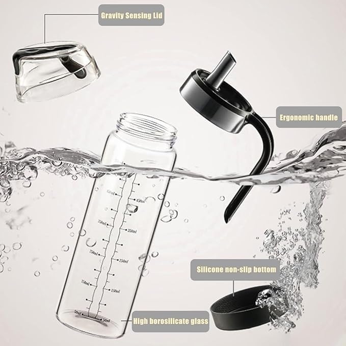 black sparrow Auto Open Cover Glass Oil and Vinegar Cruet Condiment Container with Ergonomic Non Slip Handle Nondrip Spout Clear Glass Oil Dispenser with Automatic Cap and Stopper 1 Pcs 550 ML - Image 4