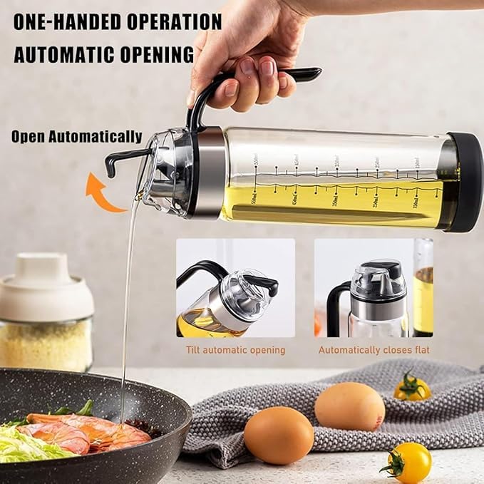 black sparrow Auto Open Cover Glass Oil and Vinegar Cruet Condiment Container with Ergonomic Non Slip Handle Nondrip Spout Clear Glass Oil Dispenser with Automatic Cap and Stopper 1 Pcs 550 ML - Image 5